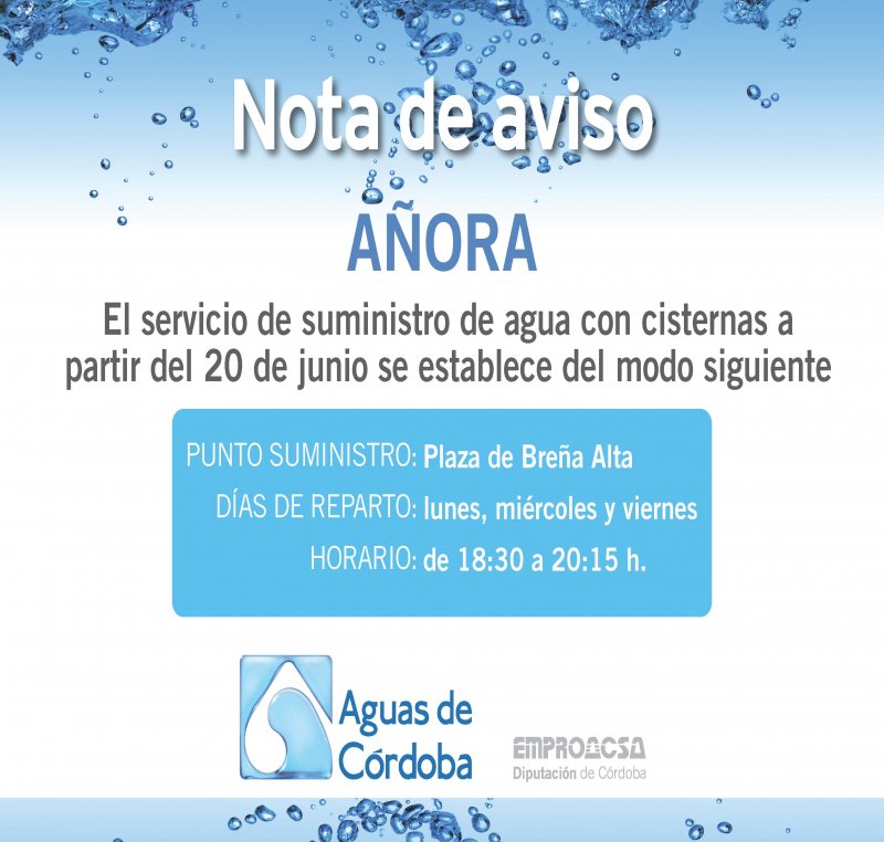 NOTA DE AVISO. AGUAS DE CORDOBA. SERVICIO SUMINISTRO DE AGUA CON CISTERNAS.