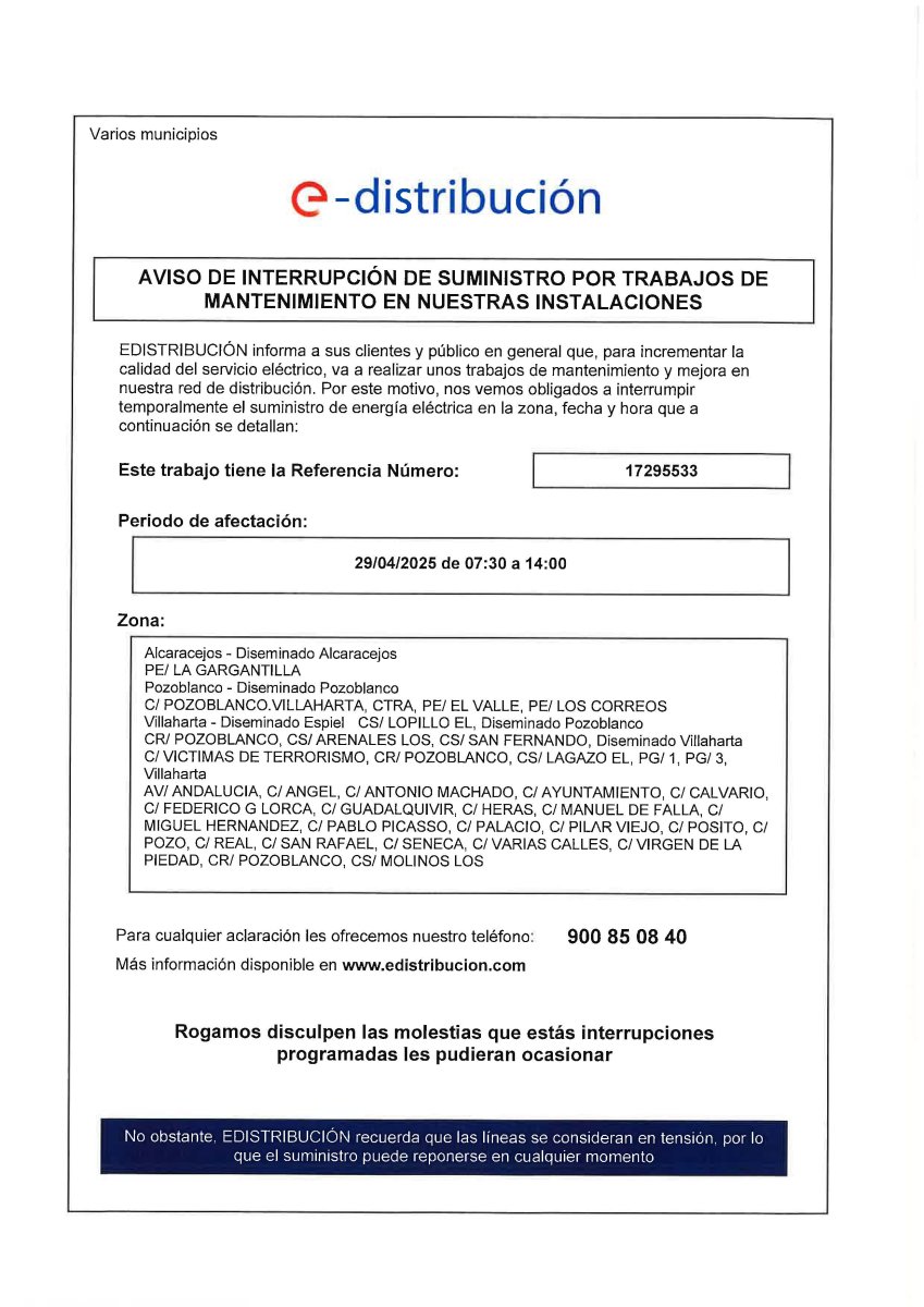 AVISO. CORTE DE ELECTRICIDAD