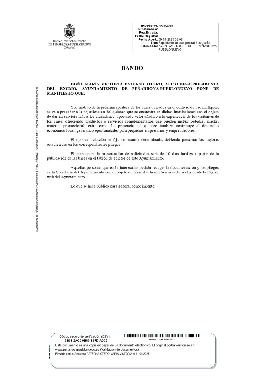Bando: Adjudicación del quiosco del edificio de usos múltiples con motivo de la próxima apertura de los cines