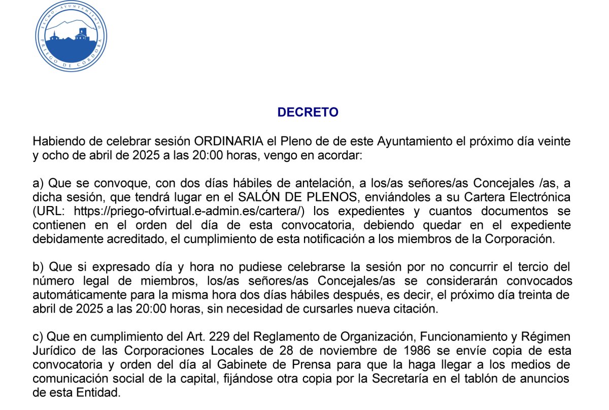 Próximo Pleno convocado para el 28 de abril de 2025, Síguelo en Directo