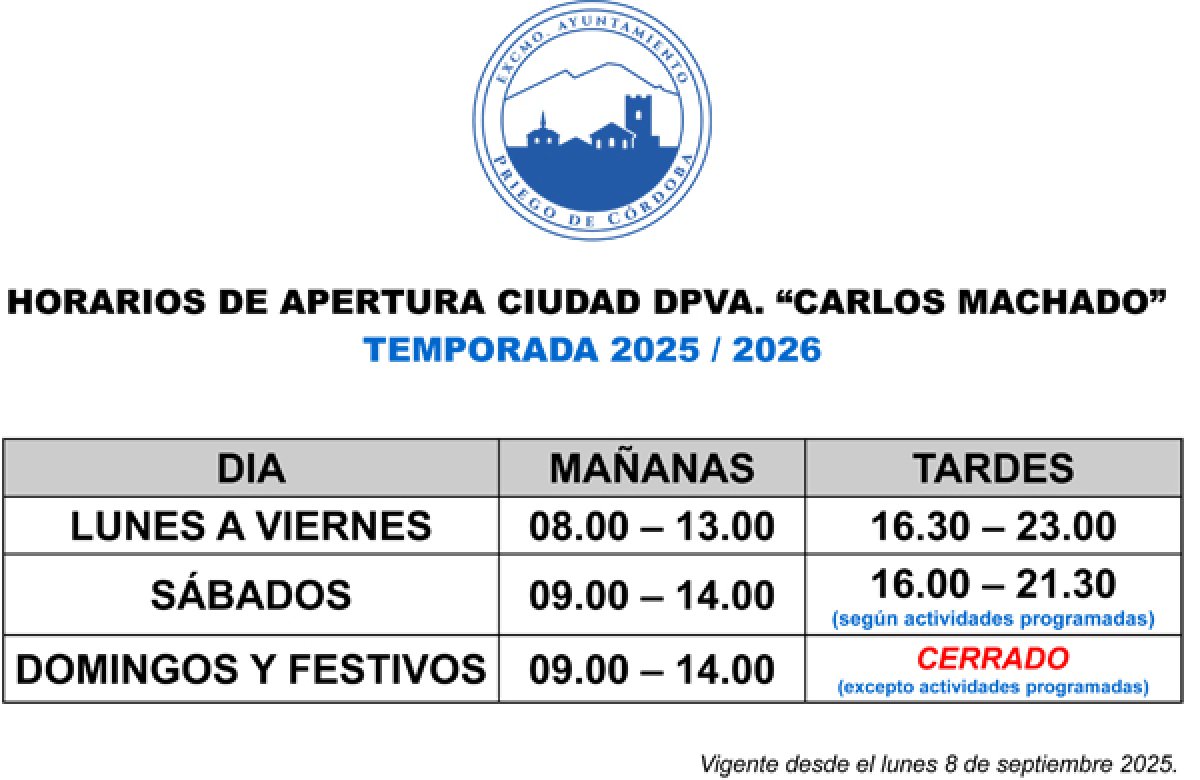 Horarios previstos en la Ciudad Deportiva «Carlos Machado» durante la semana de Feria y para la temporada 25 / 26.
