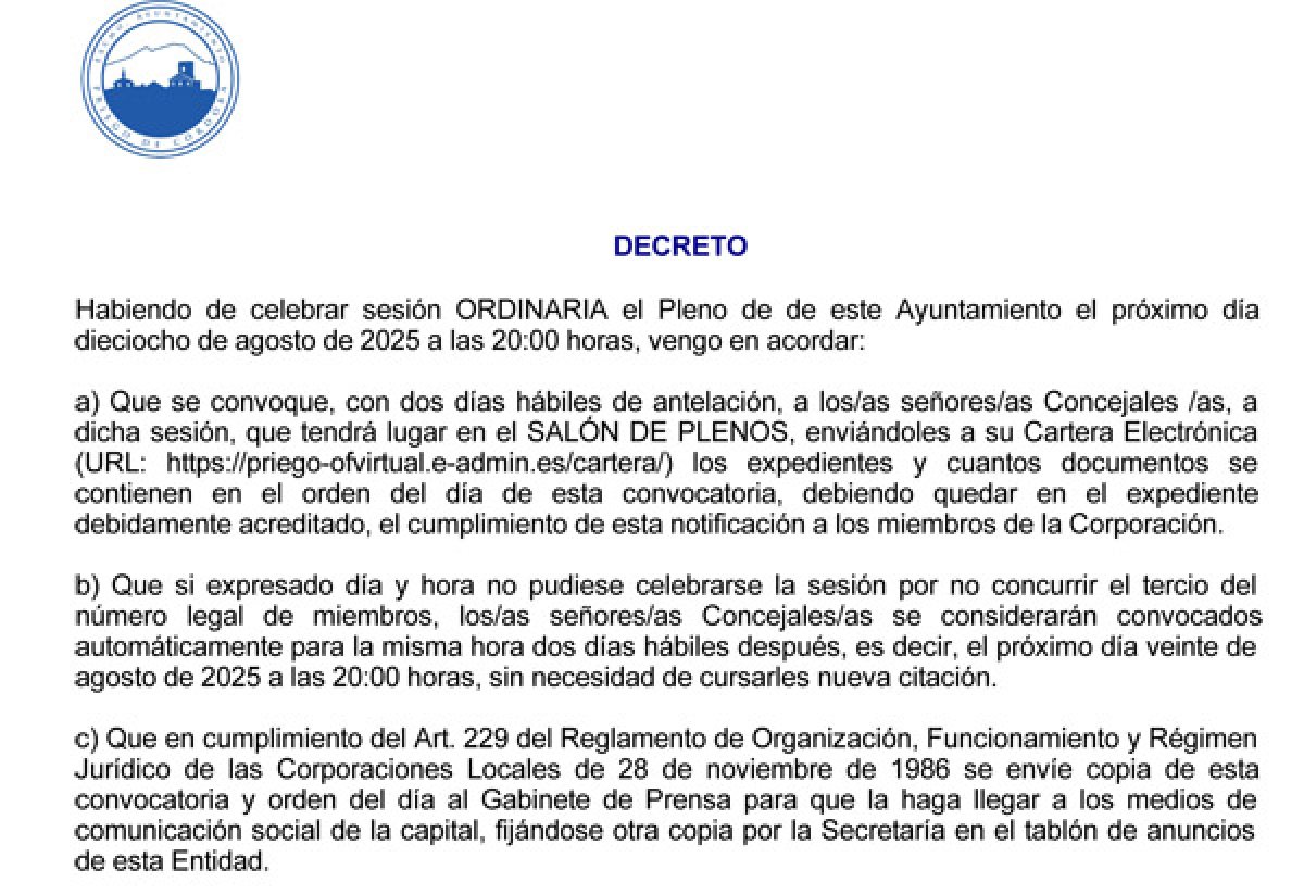 Próximo Pleno convocado para el 18 de agosto de 2025, Síguelo en Directo