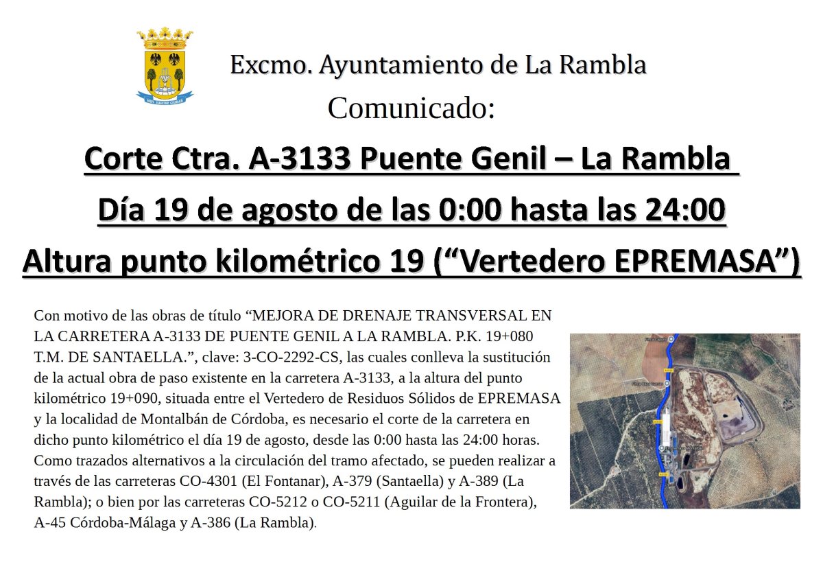 CORTE DE CARRETERA A3133 PRÓXIMO DÍA 19 DE AGOSTO