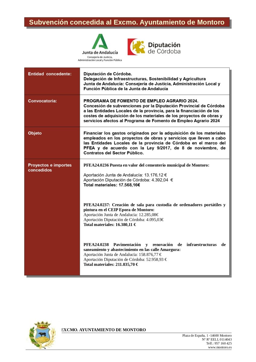 SUBVENCIÓN CONCEDIDA MATERIALES PFEA 2024