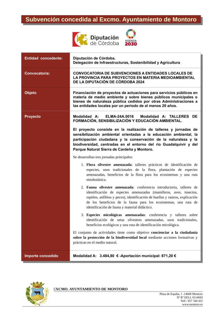 Subvención concedida Diputación de Córdoba – Proyectos en materia medio ambiental 2024