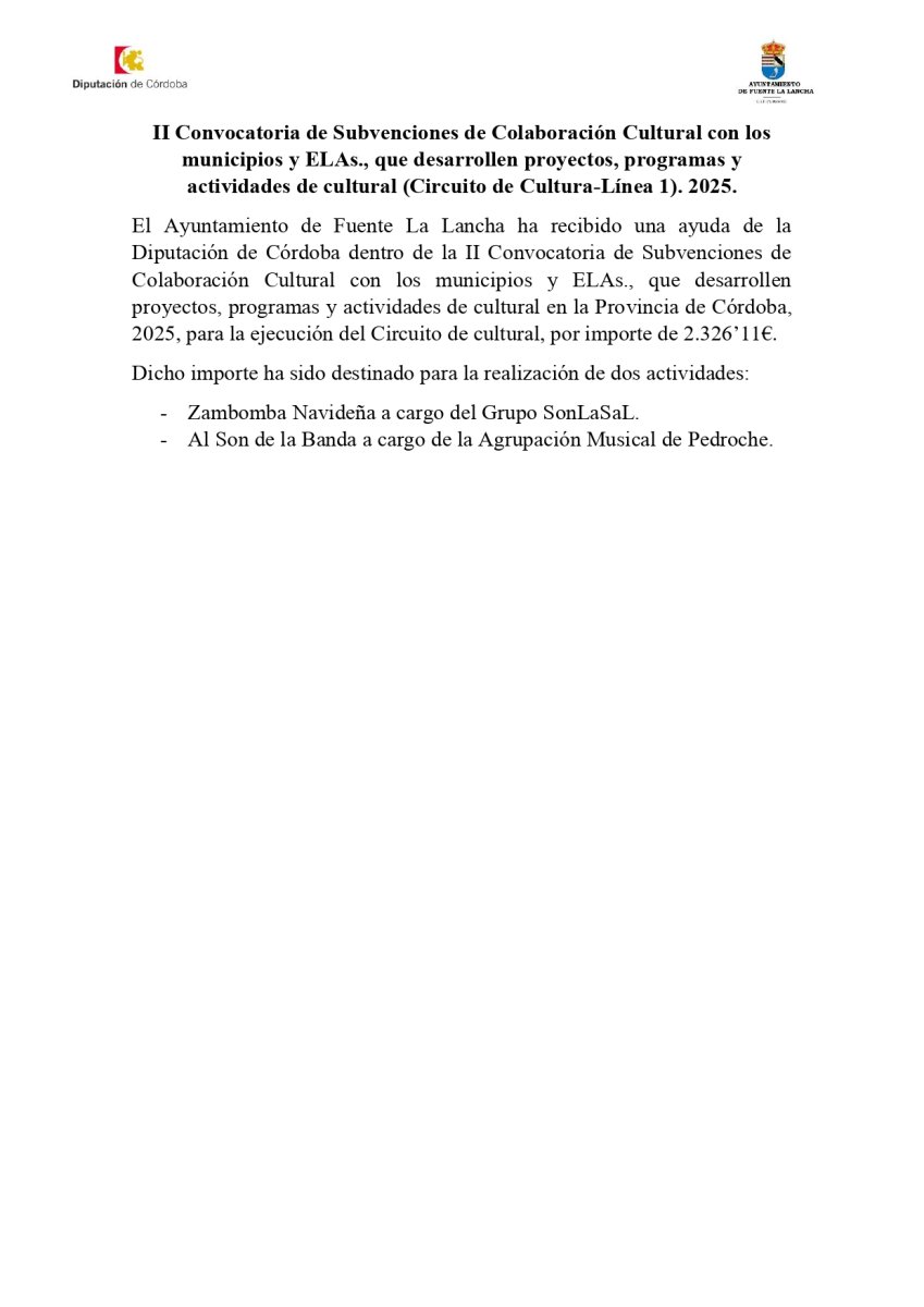 II Convocatoria de Subvenciones de Colaboración Cultural con los municipios y ELAs., que desarrollen proyectos, programas y actividades de cultural (Circuito de Cultura-Línea 1). 2025.