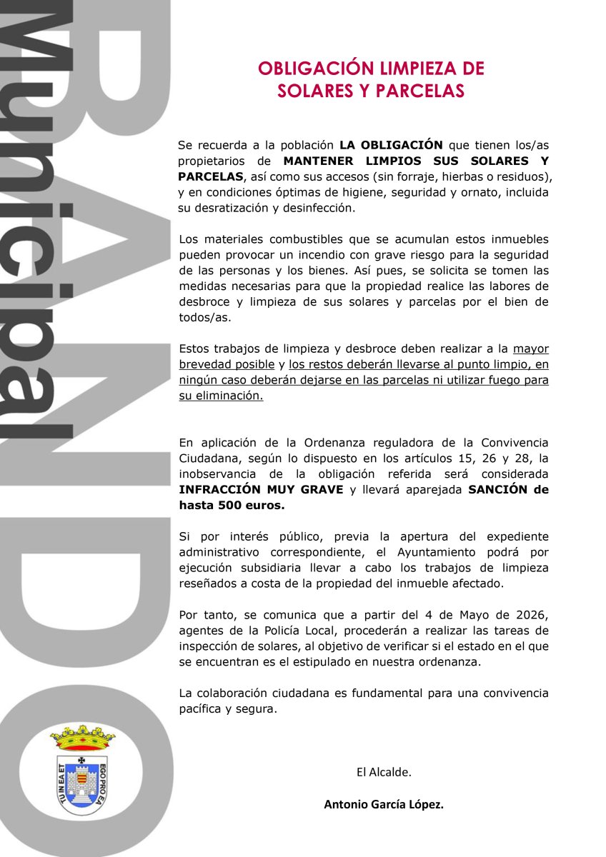 Policía Local inicia inspecciones el 4 de mayo por limpieza de solares; multas hasta 500€