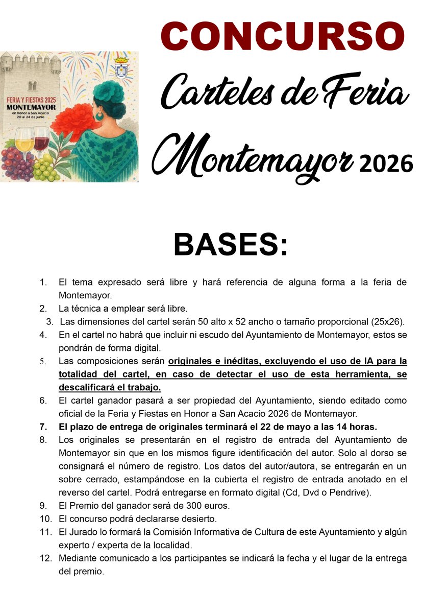 Concurso de carteles Feria Montemayor 2026: tema libre, sin IA, plazo 22 mayo, premio 300€