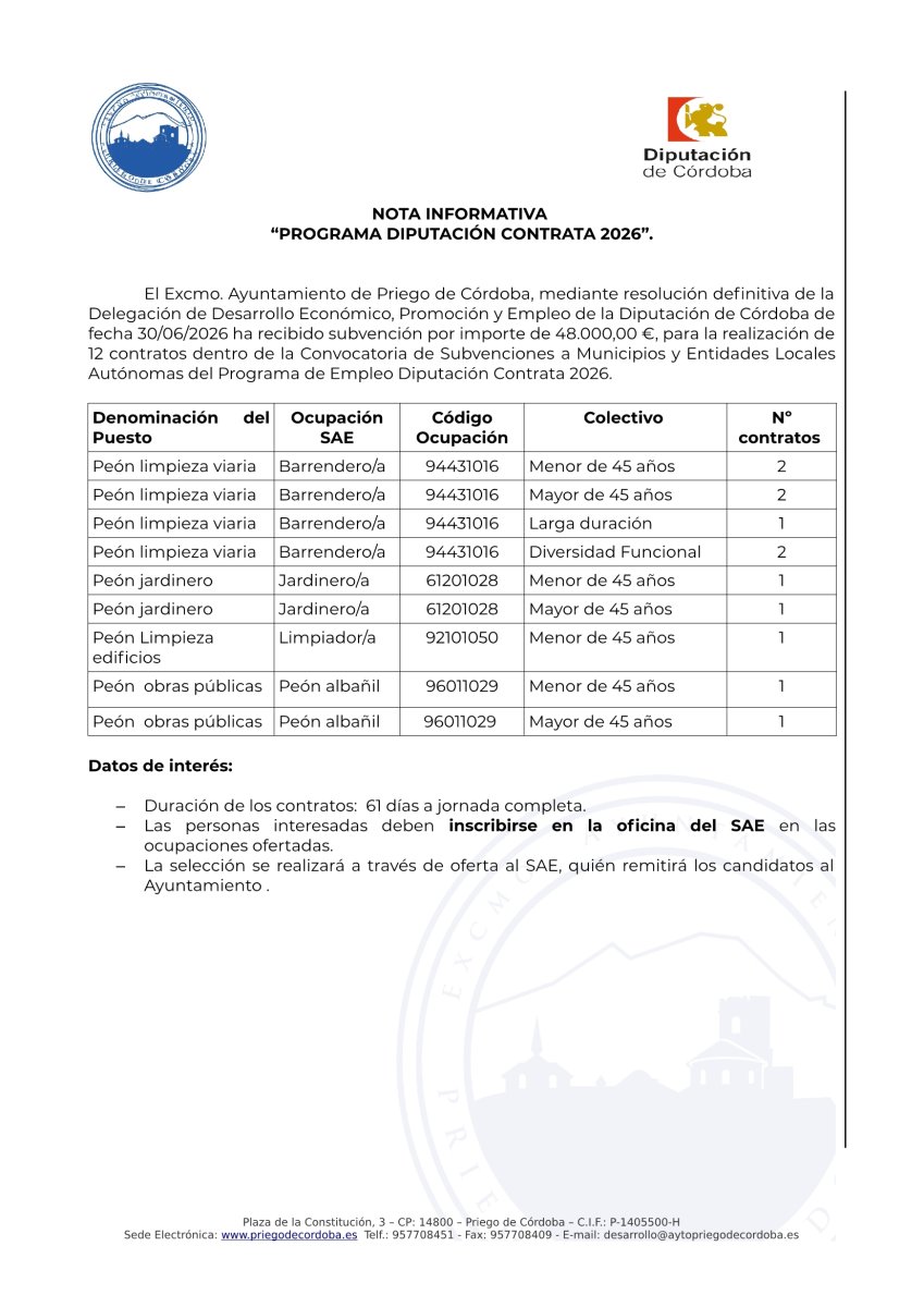12 contratos dentro de la Convocatoria de Subvenciones a Municipios y Entidades Locales Autónomas del Programa de Empleo Diputación Contrata 2026