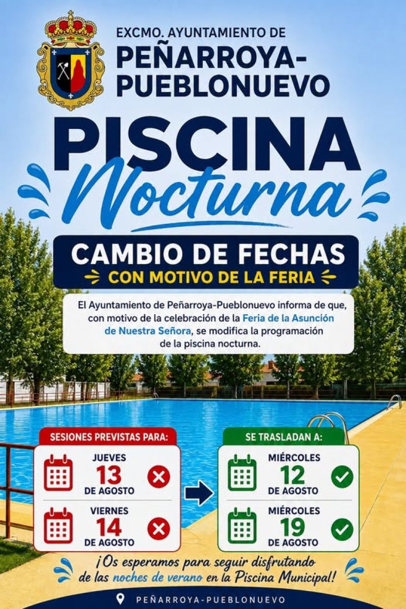 Piscina municipal reubica aperturas nocturnas: 13 y 14 de agosto pasan a 12 y 19