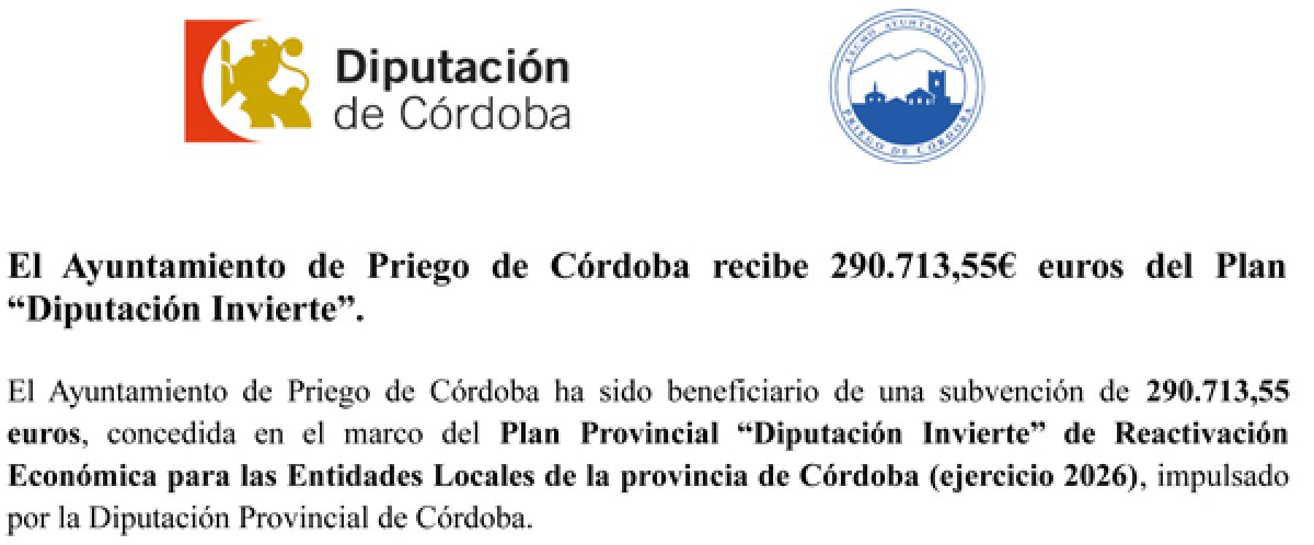 El Ayuntamiento de Priego de Córdoba recibe 290.713,55€ euros del Plan “Diputación Invierte 2026”.
