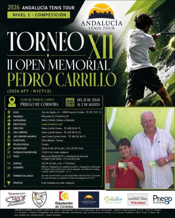 imagen de XII Torneo Memorial Pedro Carrillo en Priego (31 jul–2 ago) — Andalucía Tenis Tour 2026