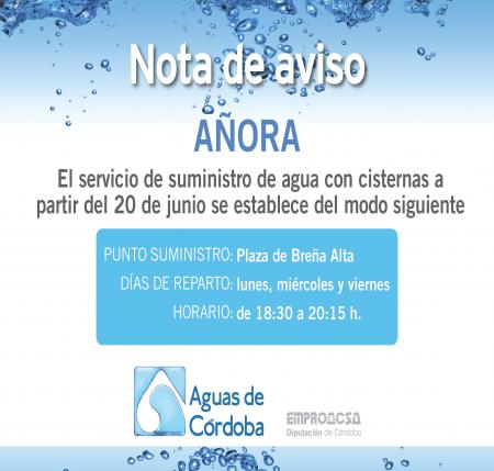 imagen de NOTA DE AVISO. AGUAS DE CORDOBA. SERVICIO SUMINISTRO DE AGUA CON CISTERNAS.