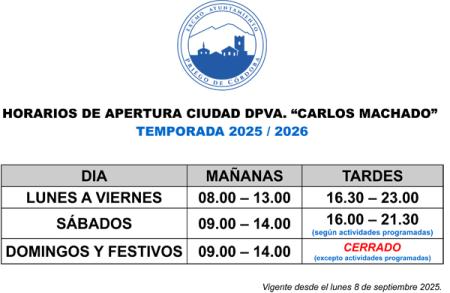 imagen de Horarios previstos en la Ciudad Deportiva «Carlos Machado» durante la semana de Feria y para la temporada 25 / 26.