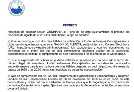 imagen de Próximo Pleno convocado para el 18 de agosto de 2025, Síguelo en Directo