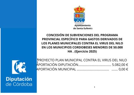 imagen de SUBVENCIÓN DEL PROGRAMAPROVINCIAL ESPECÍFICO PARA GASTOS DERIVADOS DELOS PLANES MUNICIPALES CONTRA EL VIRUS DEL NILOEN LOS MUNICIPIOS CORDOBESES MENORES DE 50.000HA . (Ejercicio 2025)