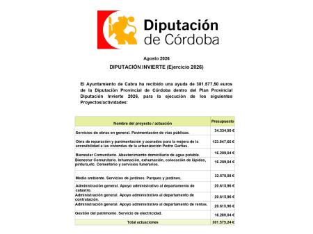 imagen de Diputación de Córdoba aporta 301.575,28 € a Cabra para obras, servicios y refuerzo administrativo