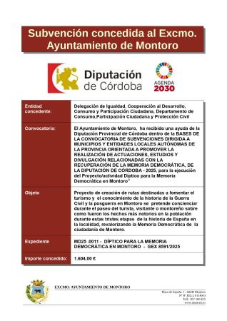 imagen de SUBVENCIÓN CONCEDIDA DIPUTACIÓN DE CÓRDOBA – ACTUACIONES, ESTUDIOS Y DIVULGACION RELACIONADA CON LA RECUPERACION DE LA MEMORIA DEMOCRATICA DEL EJERCICIO 2025
