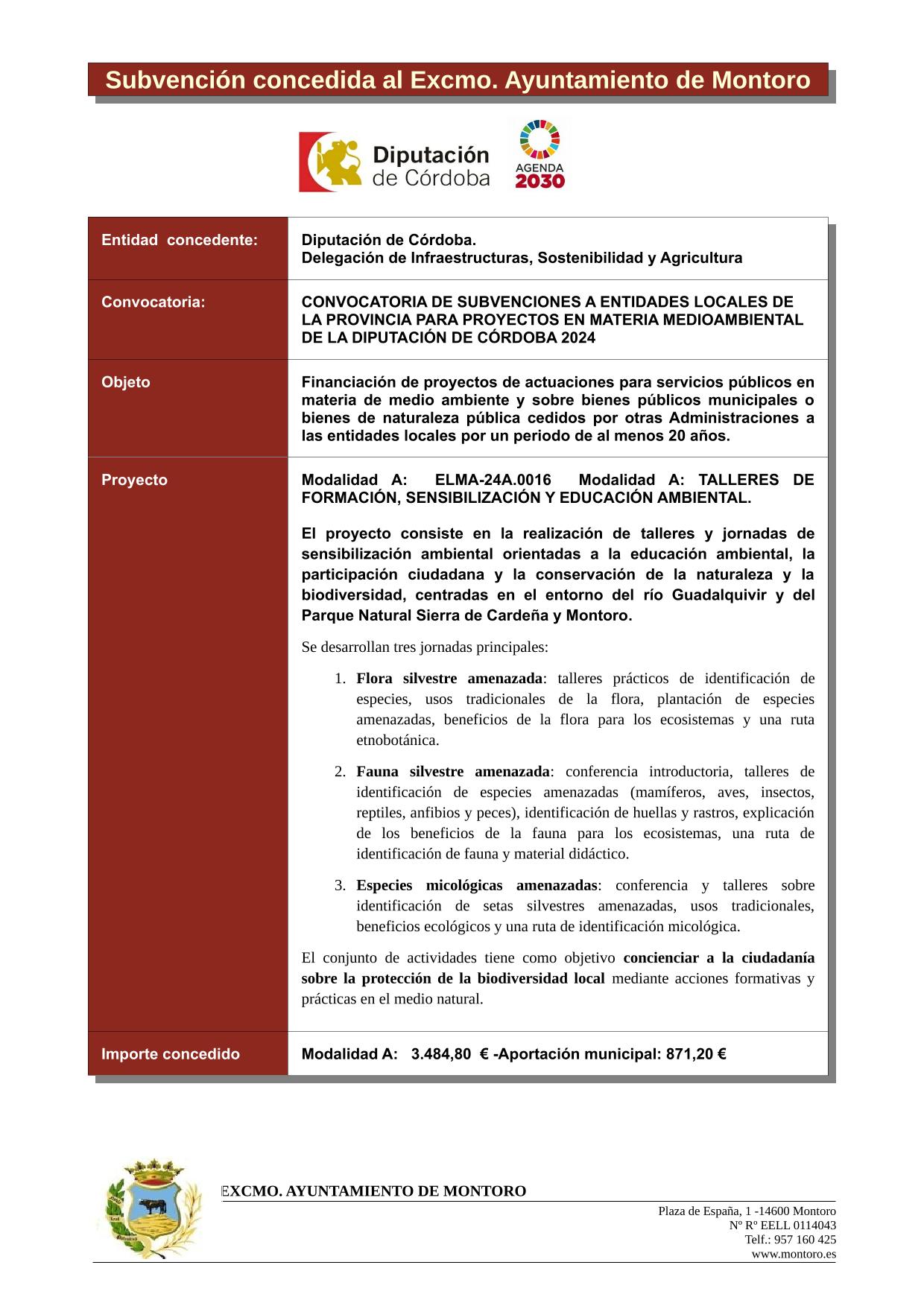 Subvención concedida Diputación de Córdoba – Proyectos en materia medio ambiental 2024
