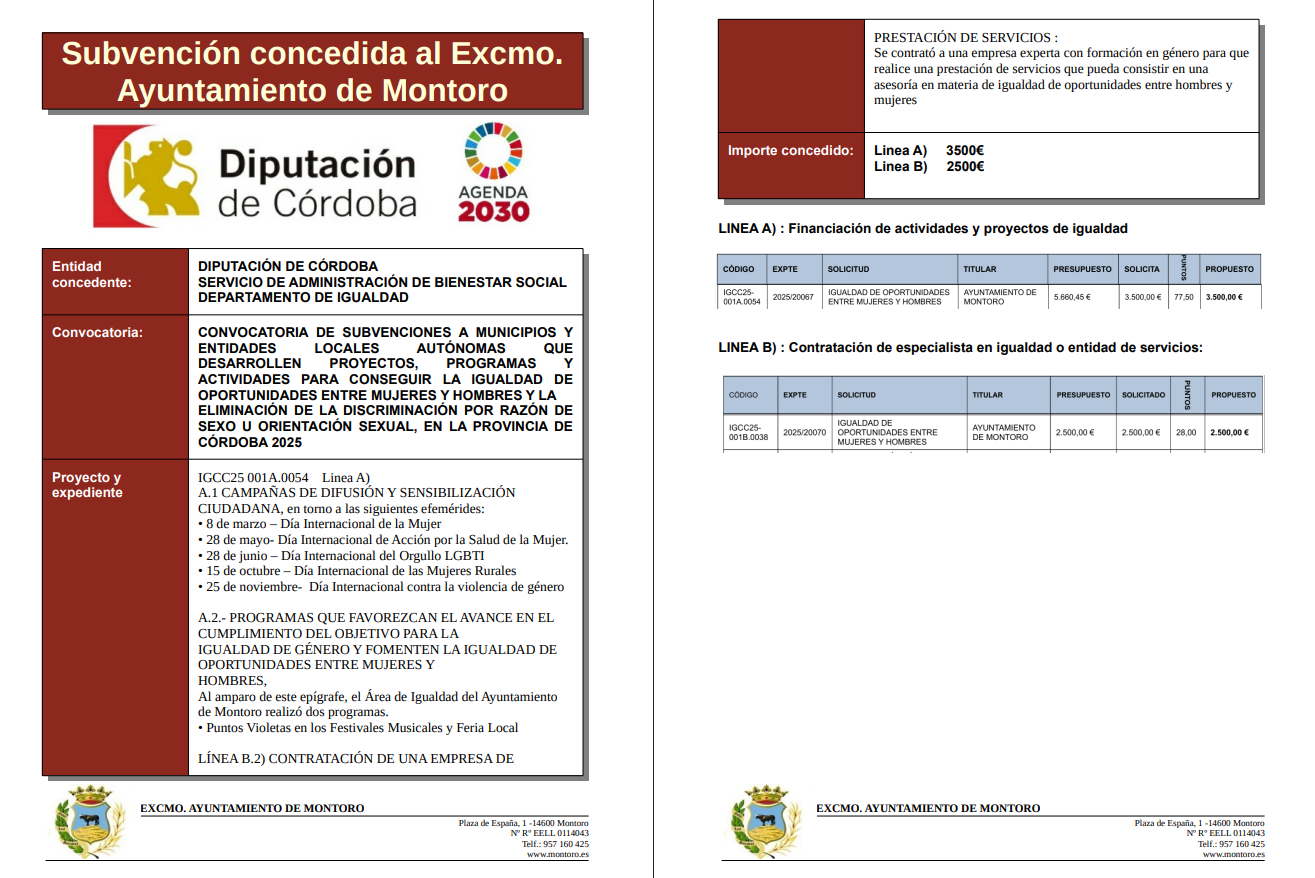 SUBVENCIÓN CONCEDIDA DIPUTACIÓN DE CÓRDOBA – igualdad de oportunidades entre hombres y mujeres 2025