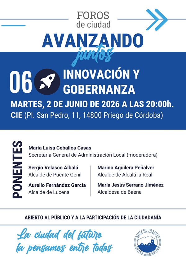 Priego cierra ciclo ciudadano el 2 de junio con mesa sobre innovación y gobernanza local