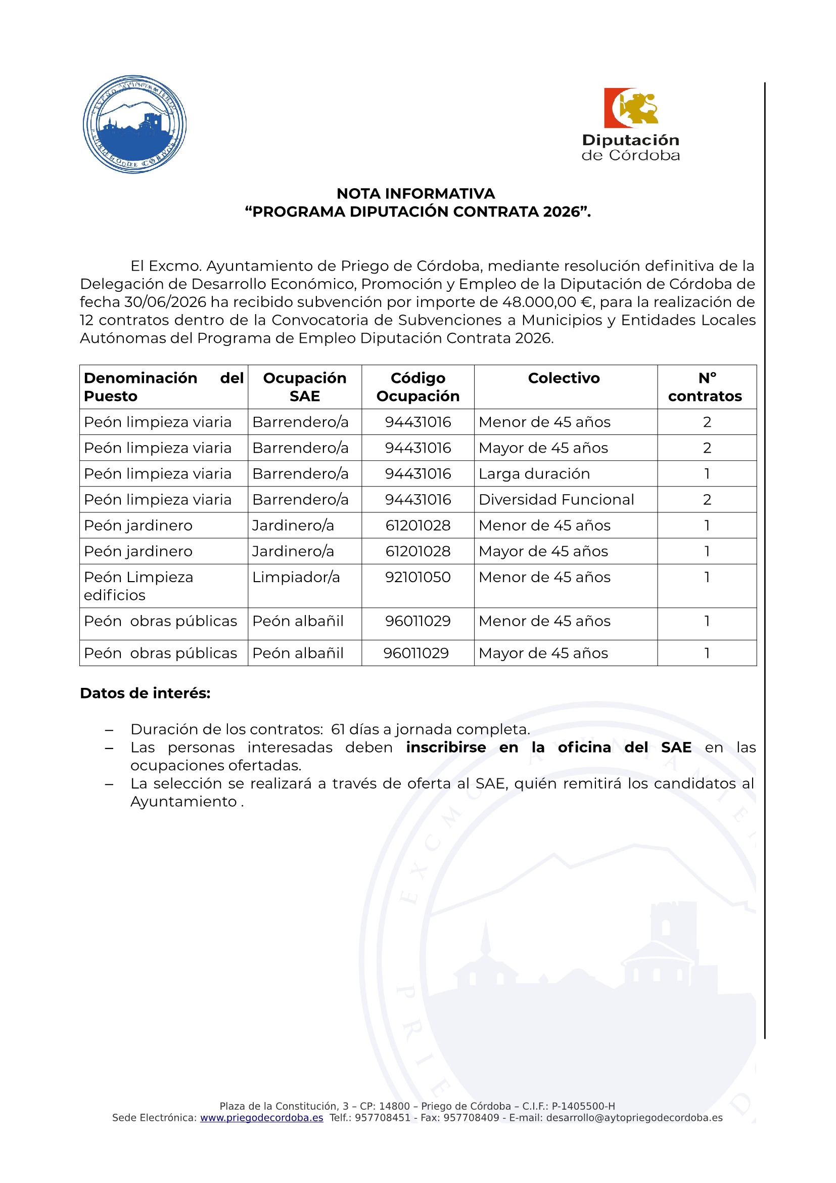 12 contratos dentro de la Convocatoria de Subvenciones a Municipios y Entidades Locales Autónomas del Programa de Empleo Diputación Contrata 2026