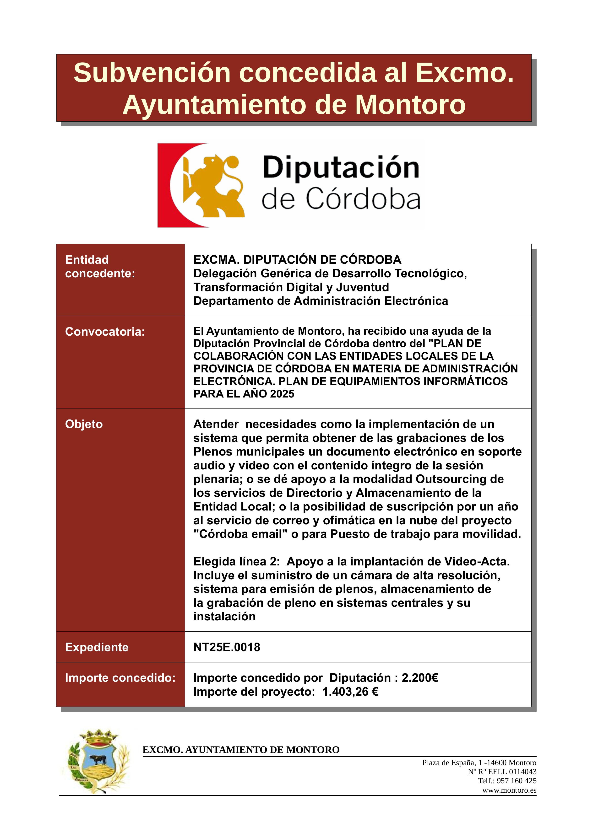 SUBVENCIÓN CONCEDIDA DIPUTACIÓN DE CÓRDOBA- PLAN DE EQUIPAMIENTOS 2025