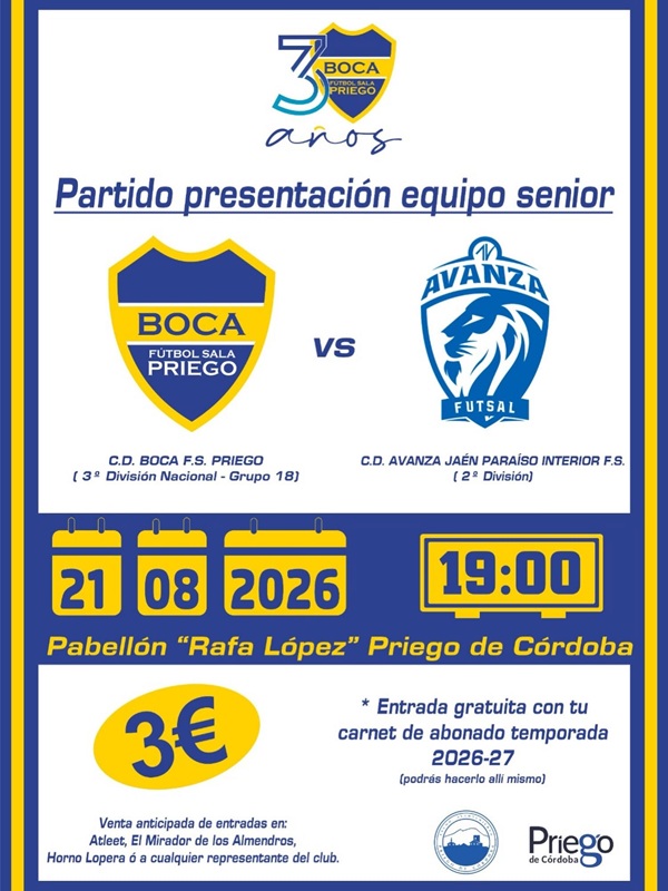 Boca Fútbol Sala Priego se presenta el 21 de agosto (19:00) ante Avanza Jaén en Rafa López